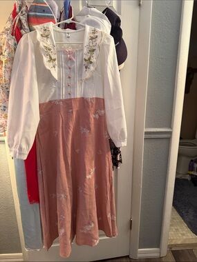 Embroidered Collar Two-Tone Midi Dress in Dusty Rose and Ivory